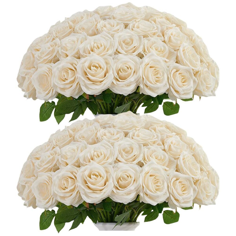 5935 50pcs Ivory Roses Artificial Flowers Bulk, Roses Silk Flower